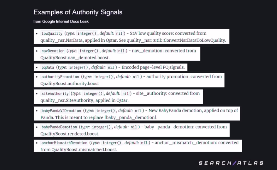 List of authority signals from leaked Google internal documents showing ranking factors like low quality, site authority, and authority promotion