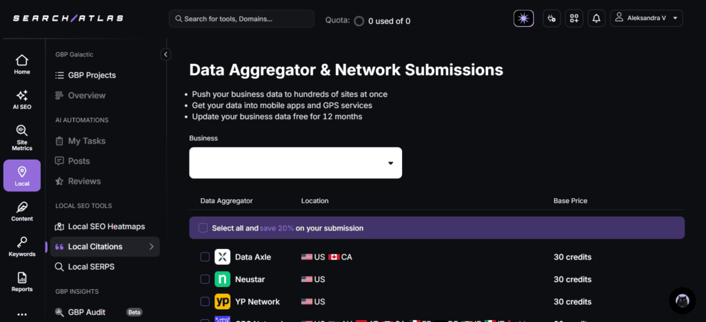 SEO software dashboard for data aggregation, citations, and heatmaps for local marketing.