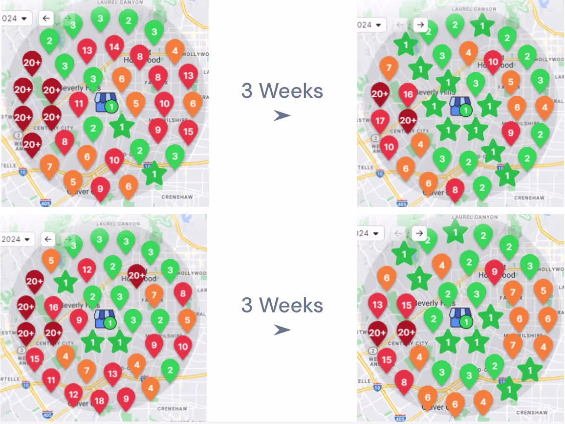 Local SEO ranking map comparison showing keyword position changes across different locations over three weeks