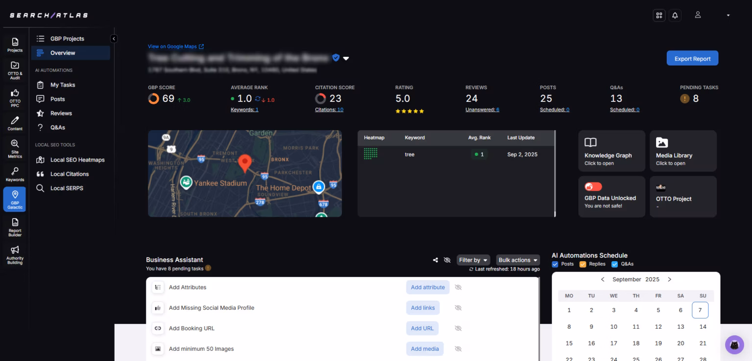 Search Atlas Google Business Profile overview dashboard.