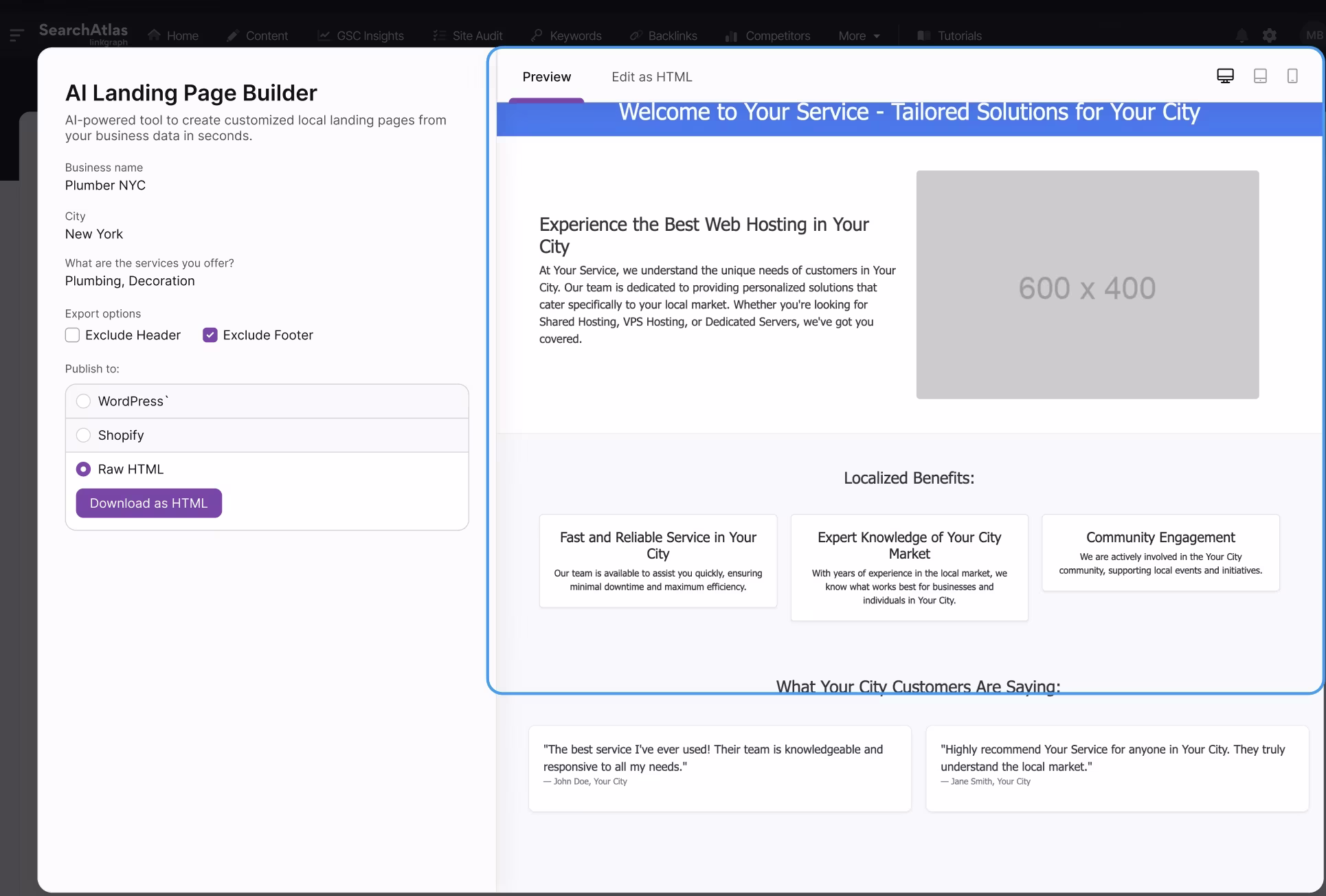 Search Atlas AI Landing Page Builder interface showing local business page preview for a plumber in New York with options to export as HTML, WordPress, or Shopify