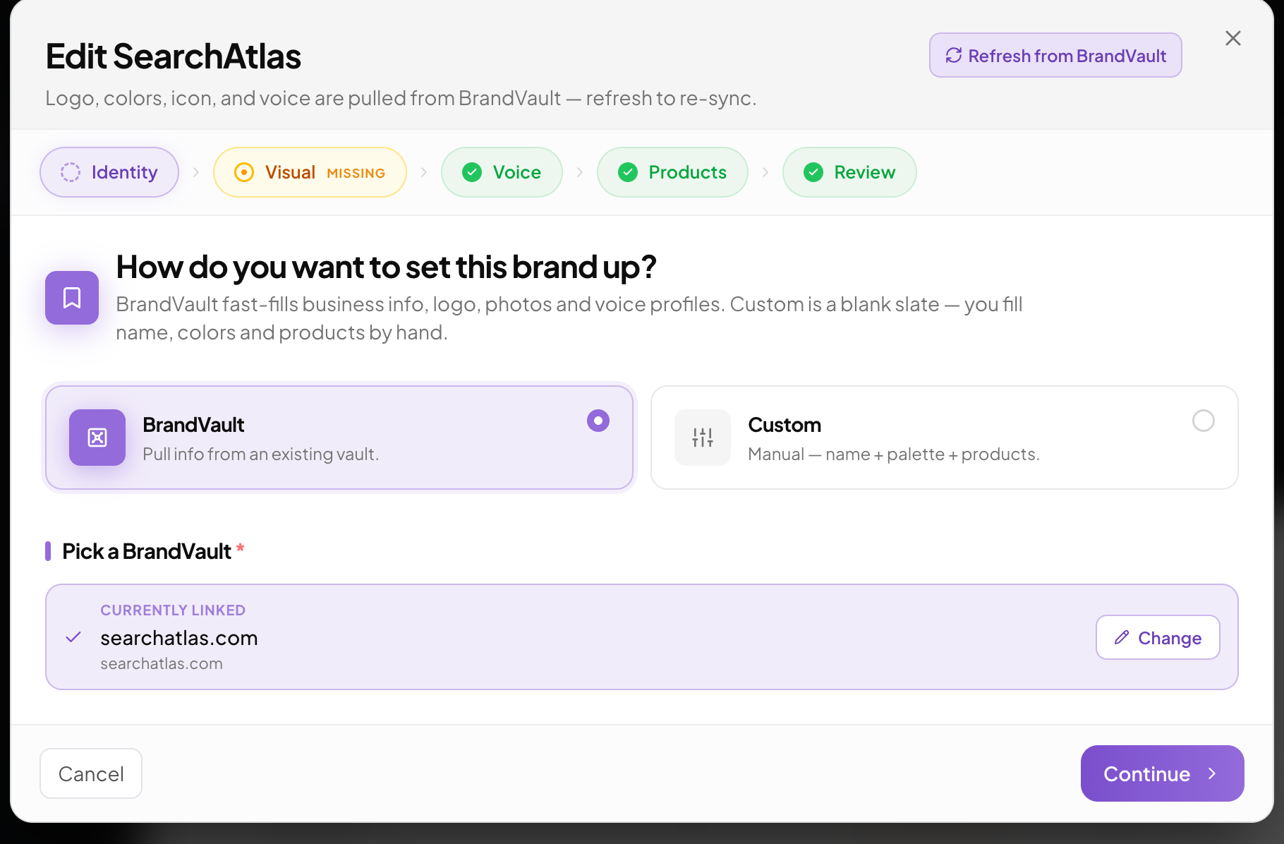 Brand setup modal showing BrandVault and custom setup options
