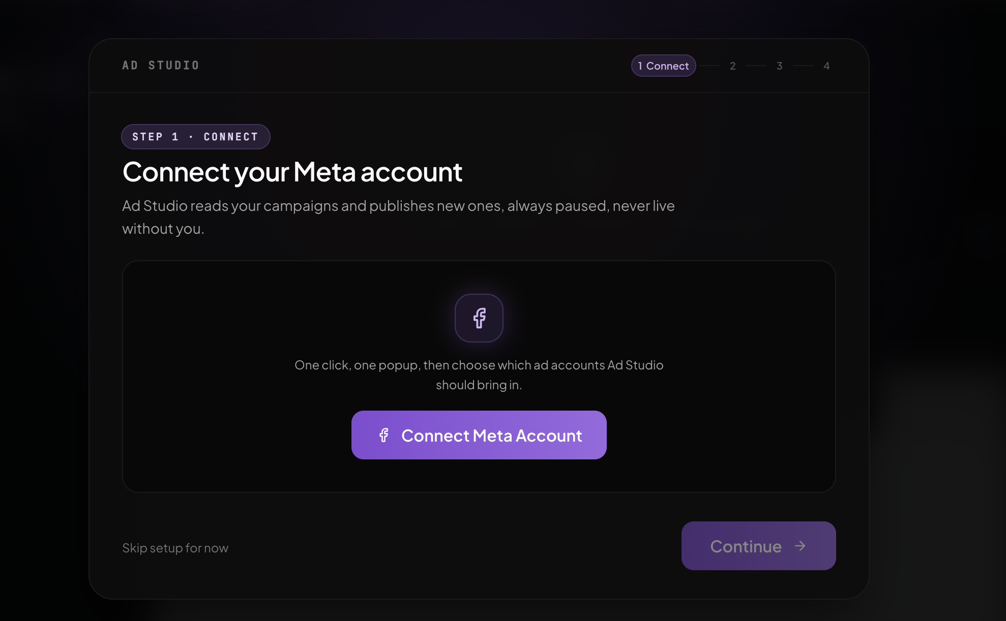 Ad Studio setup screen for connecting a Meta account