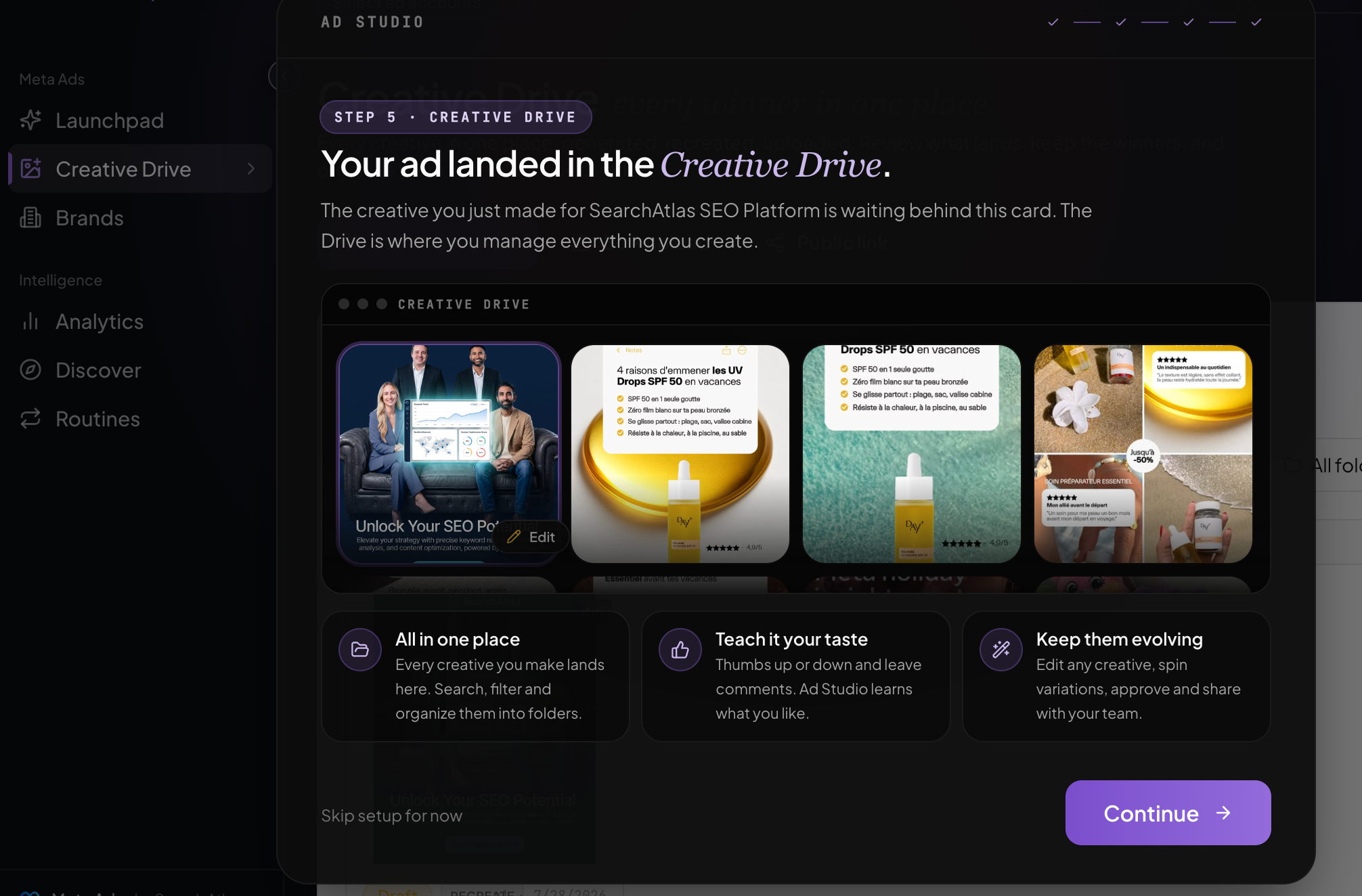 Creative Drive showing generated ad cards and organization controls