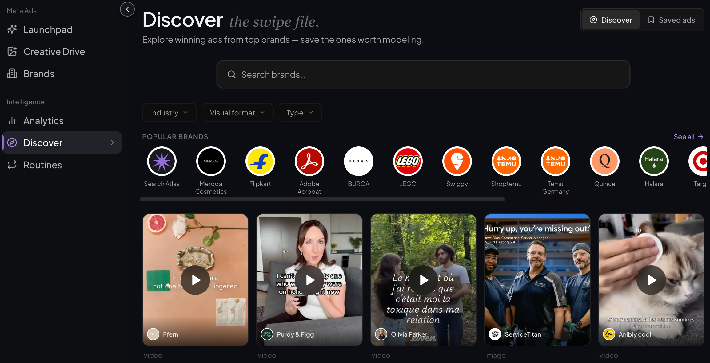 Discover library with search, filters, popular brands, and ad cards