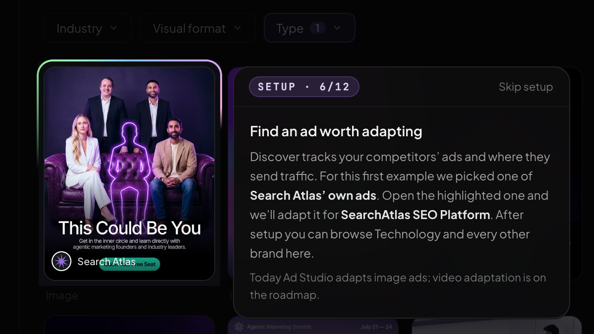 Guided setup card explaining how to find an ad worth adapting