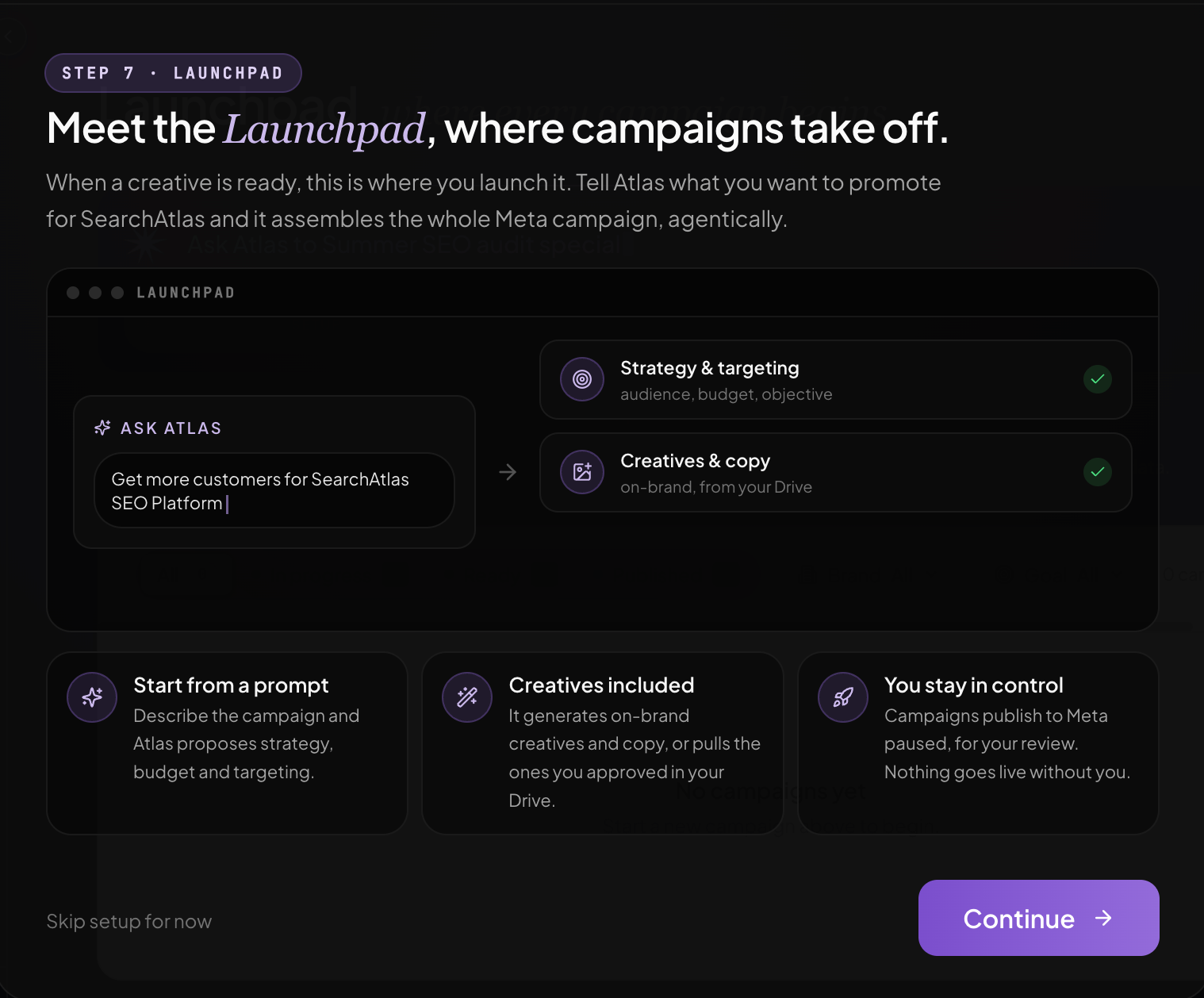 Launchpad screen showing an Ask Atlas prompt feeding strategy and creative steps