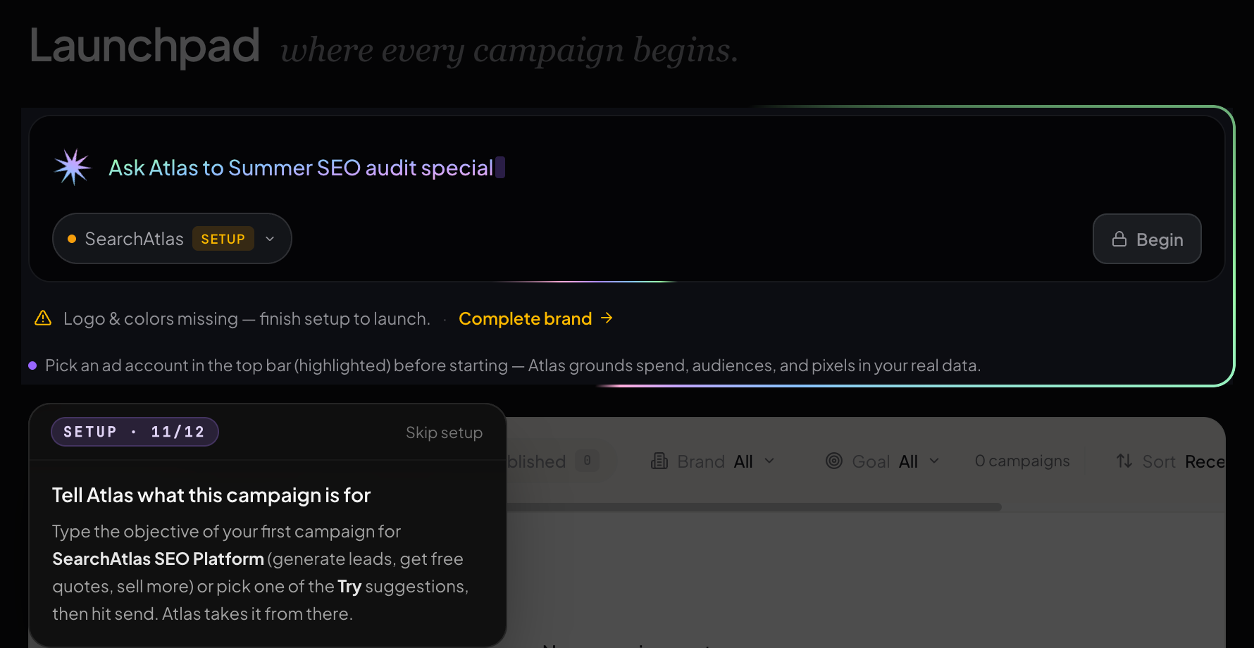 Launchpad prompt asking Atlas to create a summer SEO audit campaign