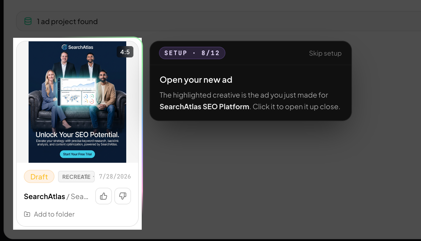 Creative Drive card showing a newly generated SearchAtlas ad project