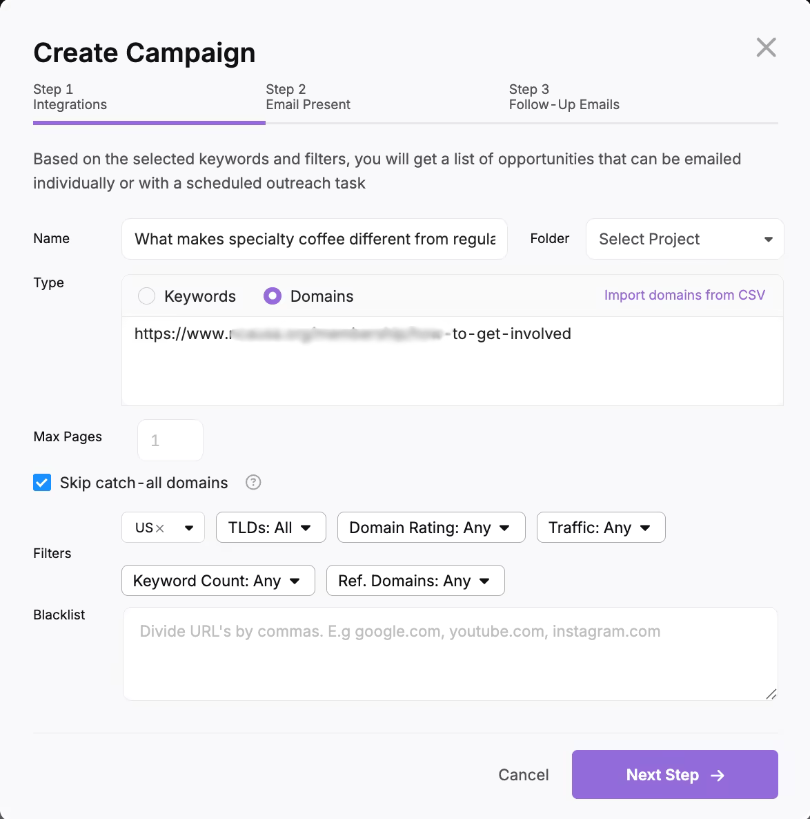 Search Atlas QUEST campaign creation interface for Digital PR outreach.