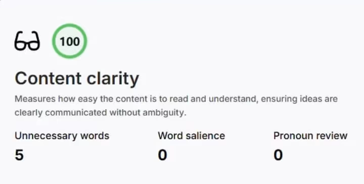 SEO-friendly image showing content clarity score and readability metrics for Search Atlas.