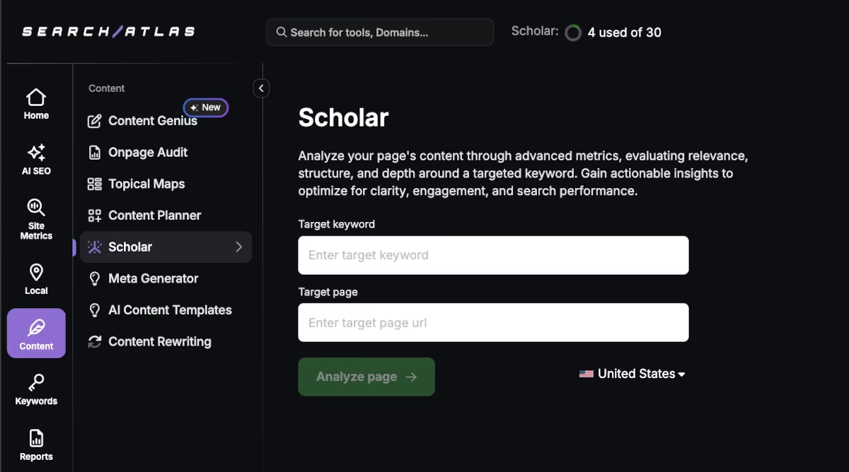 SEO software interface for analyzing page content, keywords, and metrics.