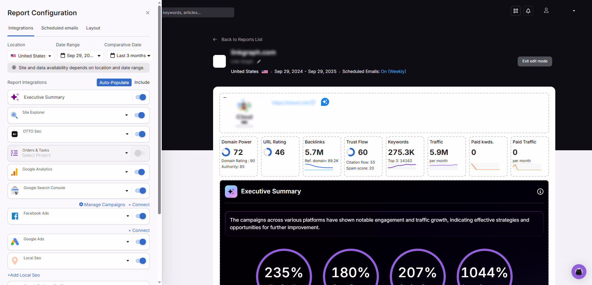 Screenshot of Search Atlas weekly SEO performance report configuration showing integrations like Site Explorer, Google Analytics, and Executive Summary with domain metrics, backlinks, keywords, and traffic data