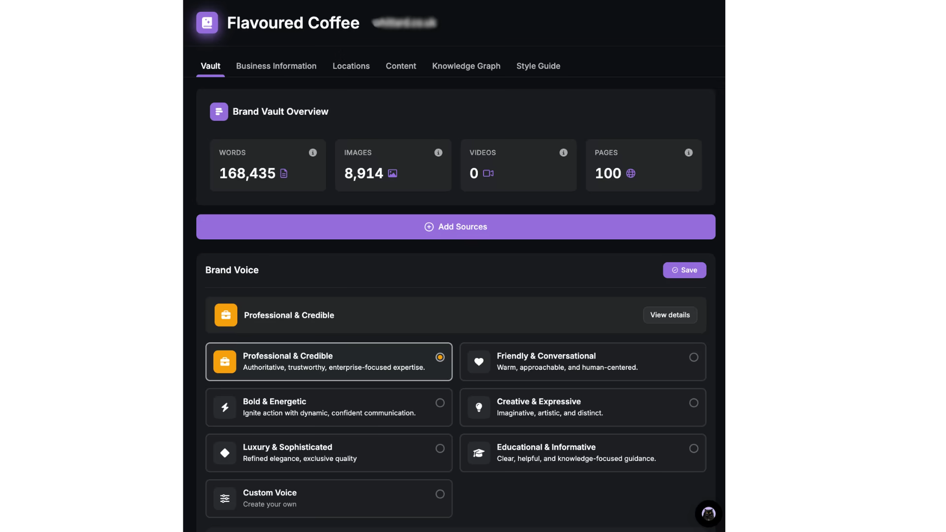 SEO software dashboard with brand vault overview and voice options for search optimization.