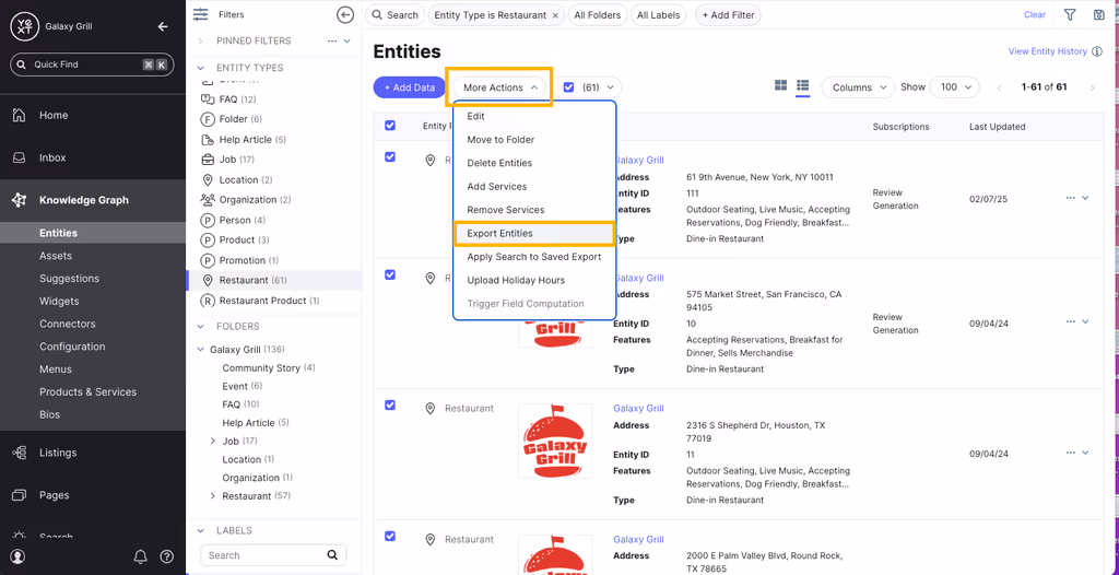 In Yext, go to Knowledge Graph > Entities, select the entities you want to export using the checkboxes (or leave unselected to export all).