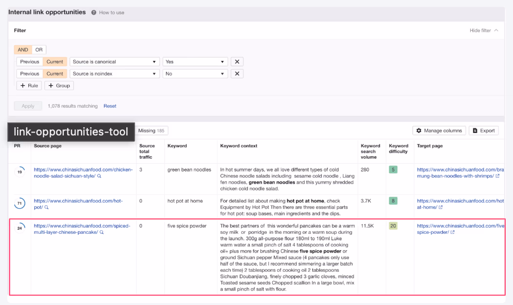 Ahrefs Internal Link Opportunities report listing source pages, keyword context, search volume, keyword difficulty, and target pages