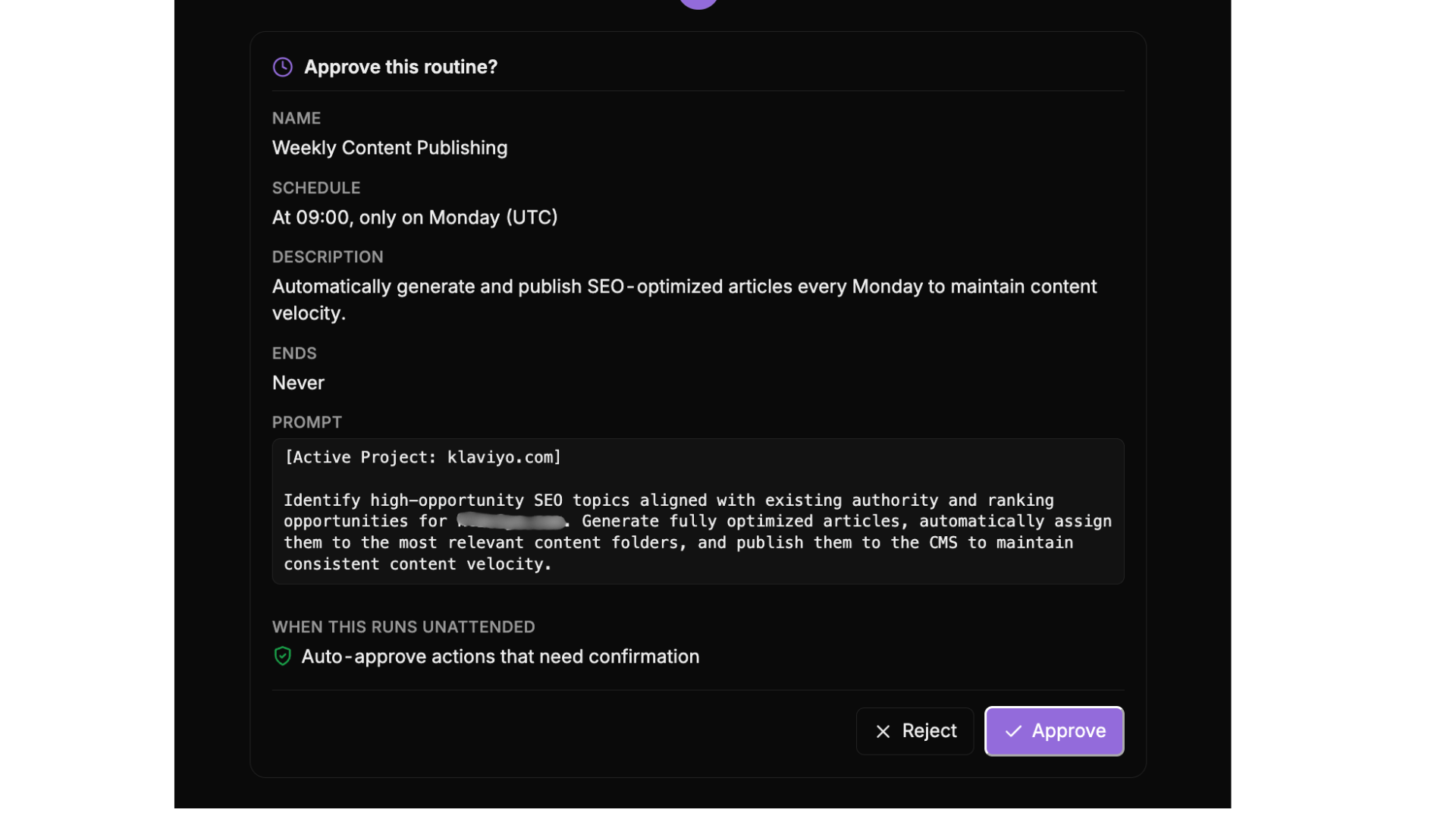 Approve this routine modal for a Weekly Content Publishing schedule inside Atlas Agent