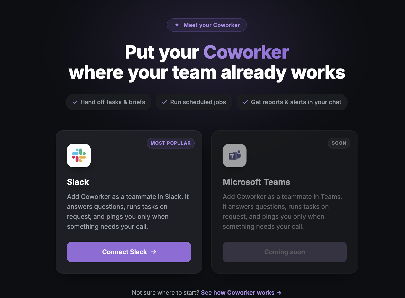 Search Atlas Coworker promo showing Slack and Microsoft Teams integration options