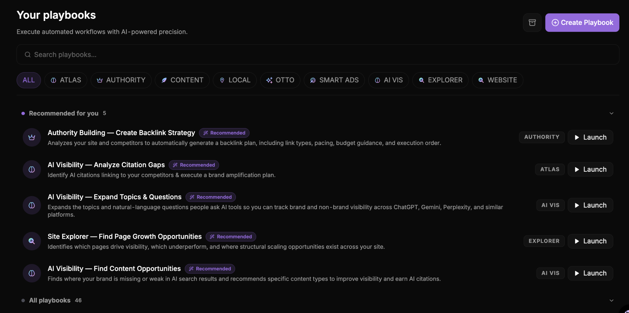 Atlas Agent playbooks dashboard showing recommended AI-powered workflows across Authority, AI Visibility, and Site Explorer
