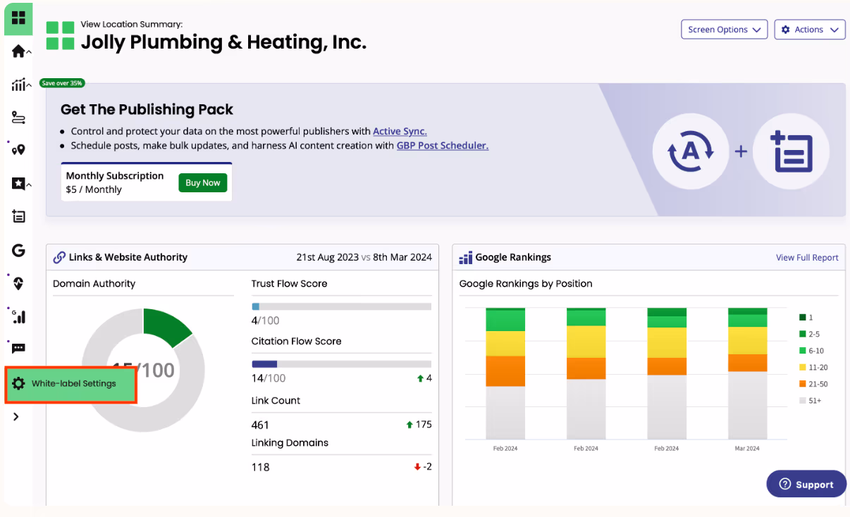 BrightLocal location summary dashboard showing links, website authority, and Google rankings by position