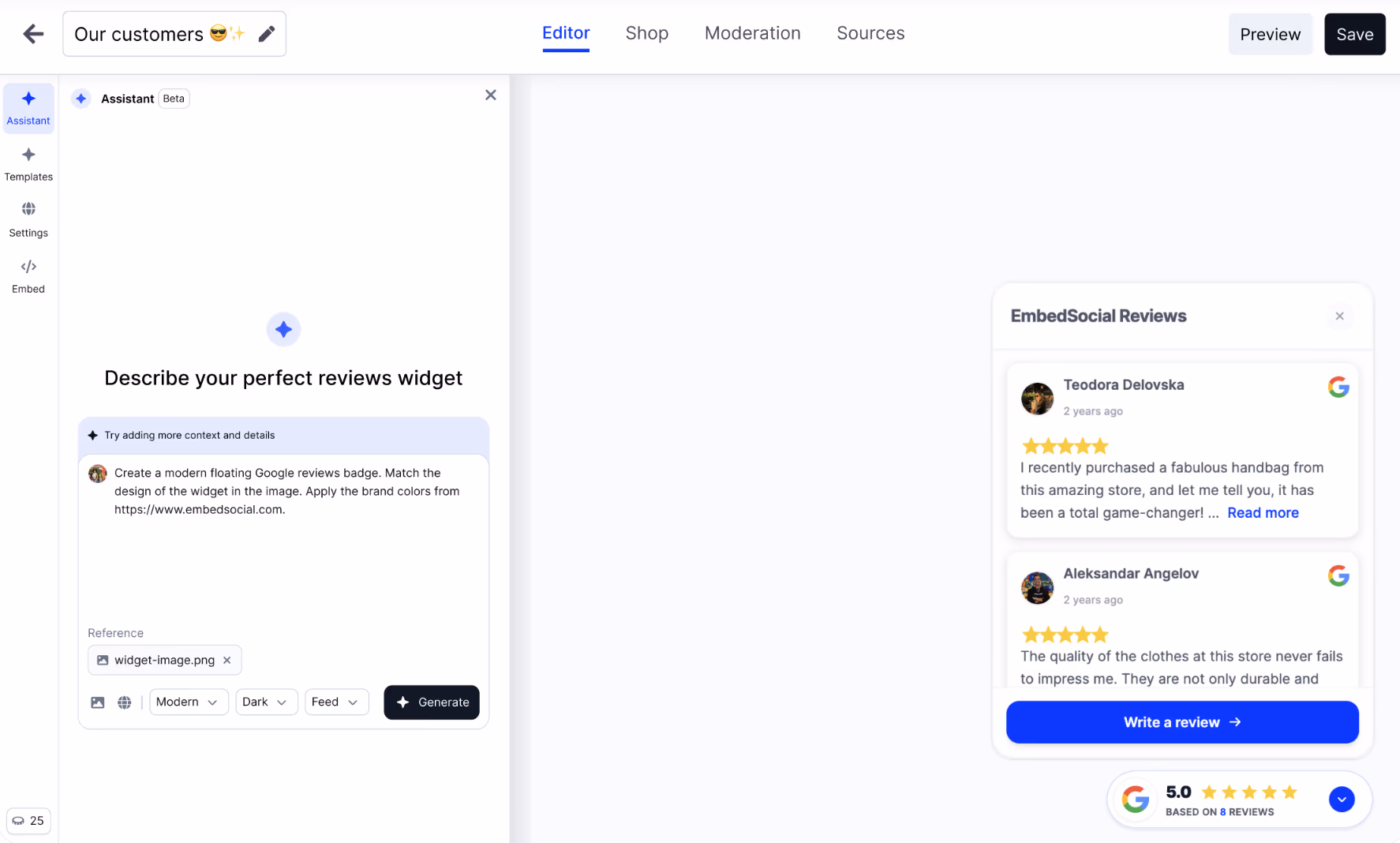 EmbedSocial widget editor showing an AI assistant prompt and a preview of a Google reviews widget