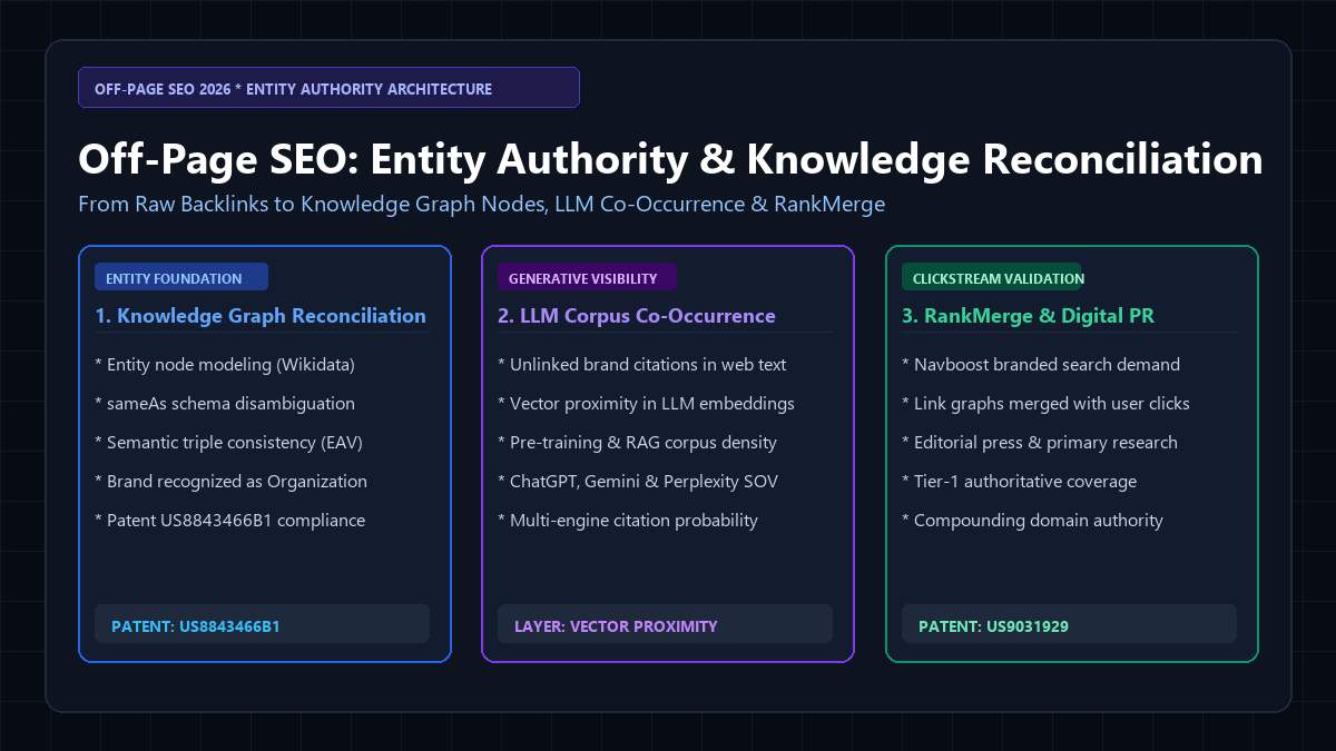 Off-page SEO entity authority and knowledge graph reconciliation diagram