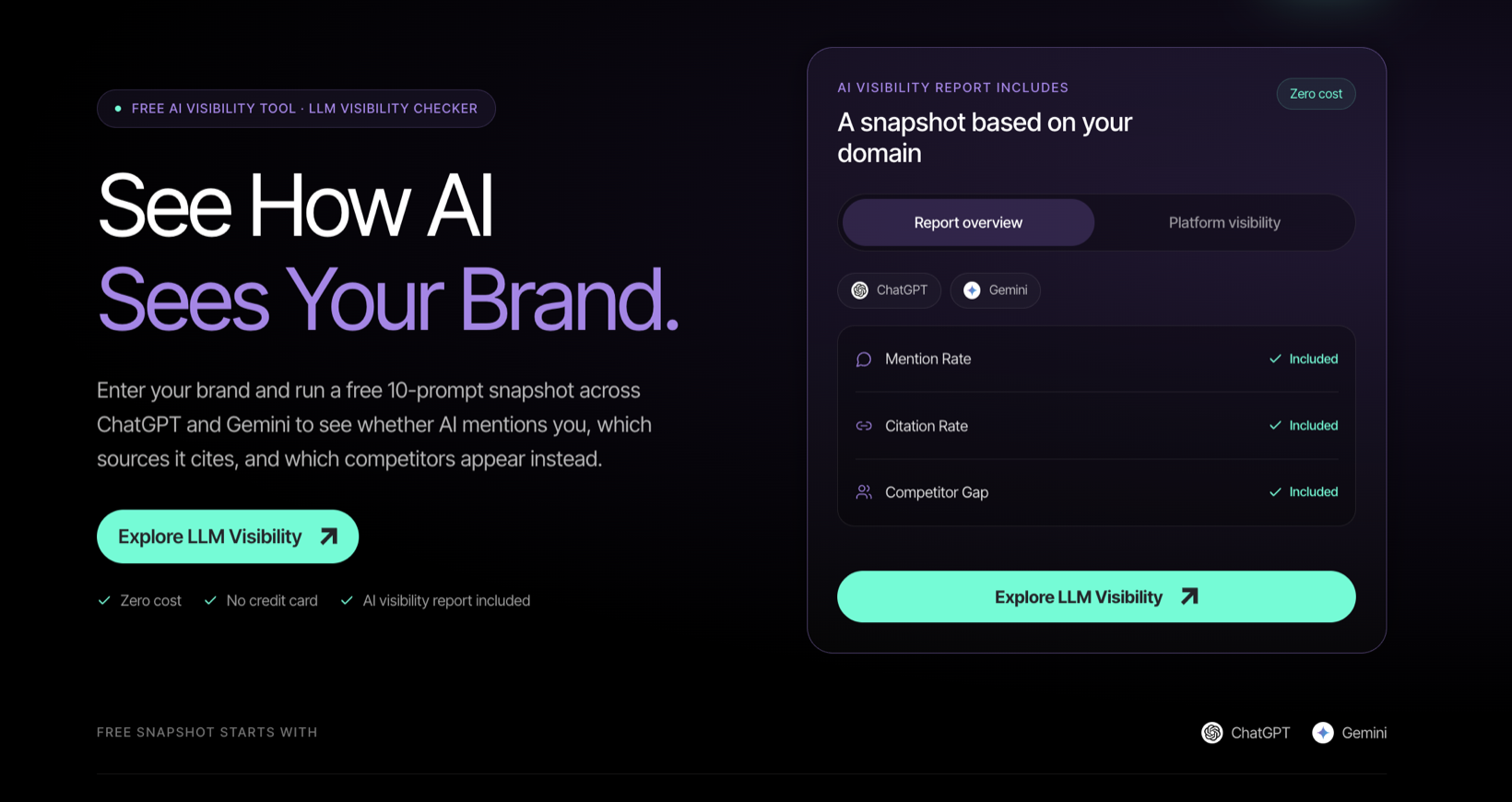 Search Atlas free AI Visibility Checker page offering a 10-prompt snapshot across ChatGPT and Gemini with mention rate, citation rate and competitor gap