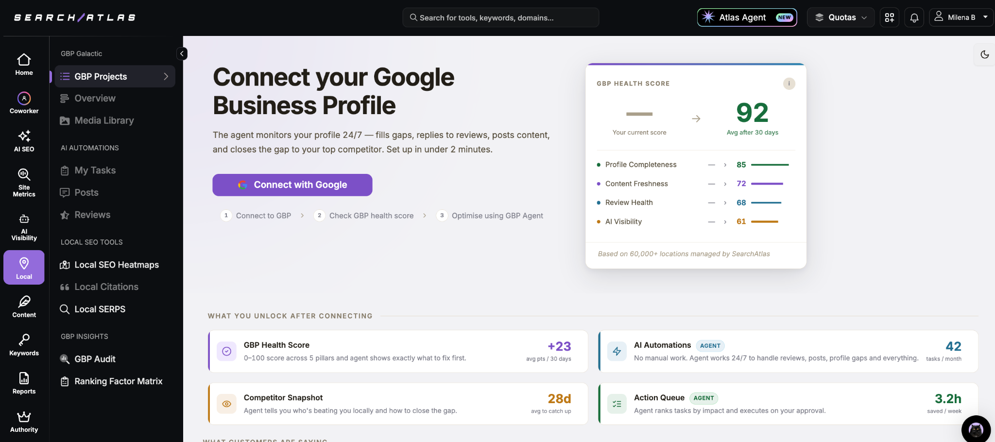 GBP Galactic dashboard showing a GBP health score of 92, profile completeness, content freshness, review health, and AI visibility scores across connected locations