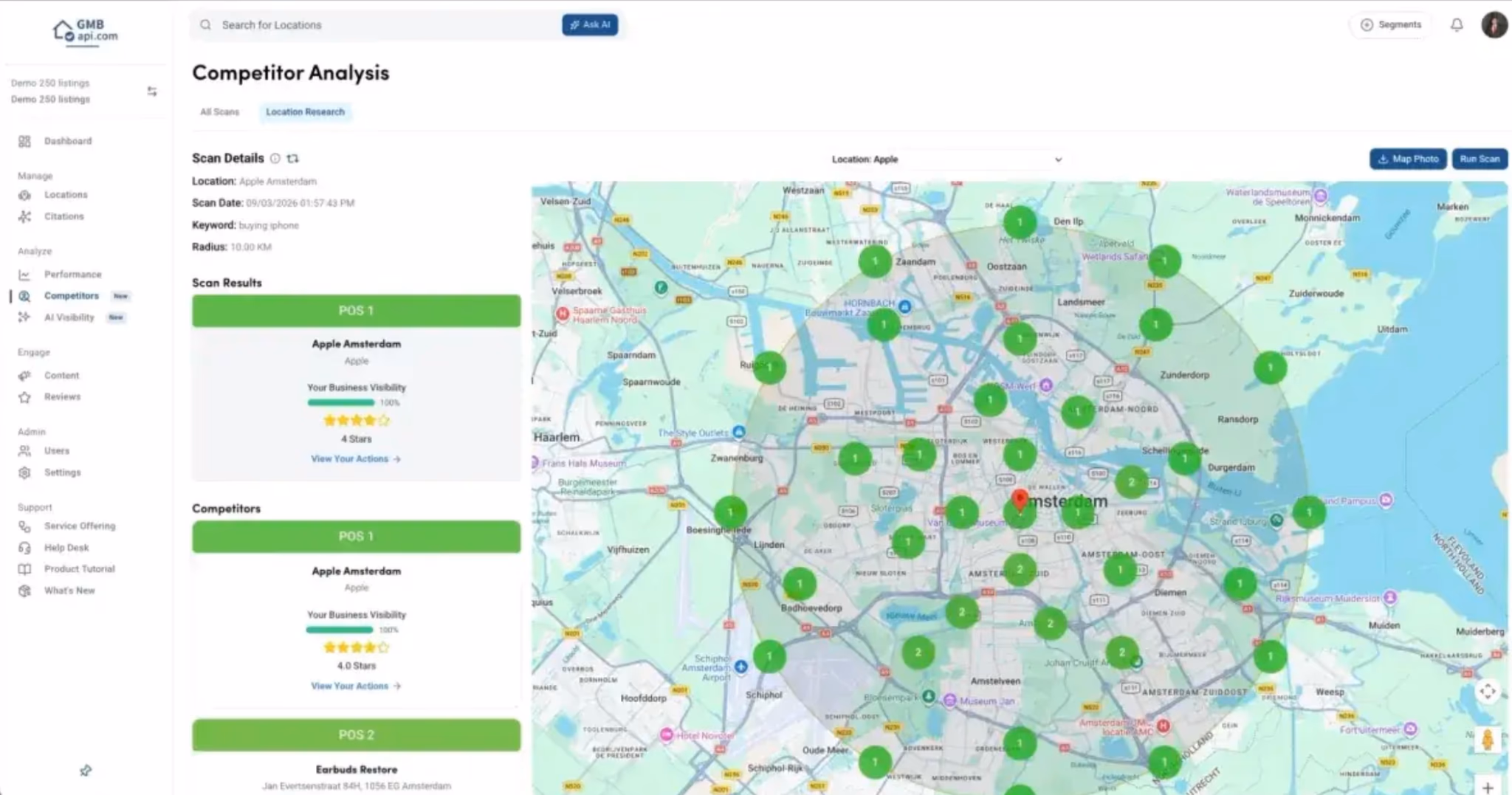 GMBapi competitor analysis showing geo-grid scan results and business visibility scores on a map