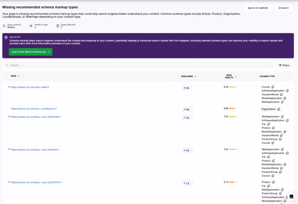 The Search Atlas Site Auditor flags schema issues on vehicle listings, payment calculators, or service forms and provides structured fix recommendations.