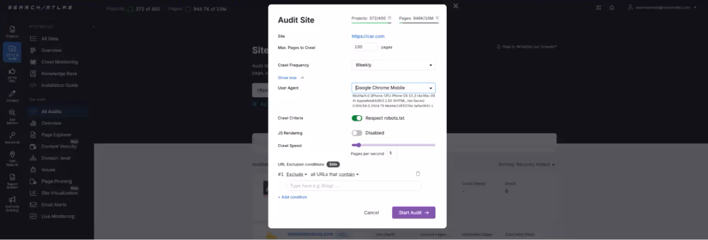 To run a technical audit, enter the automotive domain into the Search Atlas Site Auditor, select crawl depth and frequency, and review the results by severity.