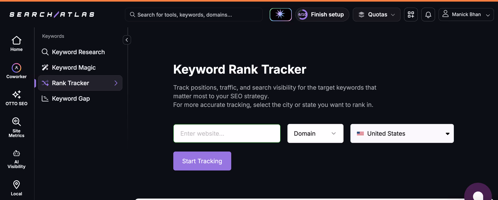 Search Atlas Keyword Rank Tracker start screen with a website field, a Domain selector, and a country selector