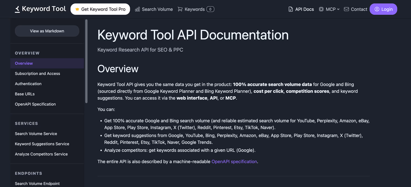 Keyword Tool API documentation overview listing Google and Bing search volume, keyword suggestions, and competitor analysis
