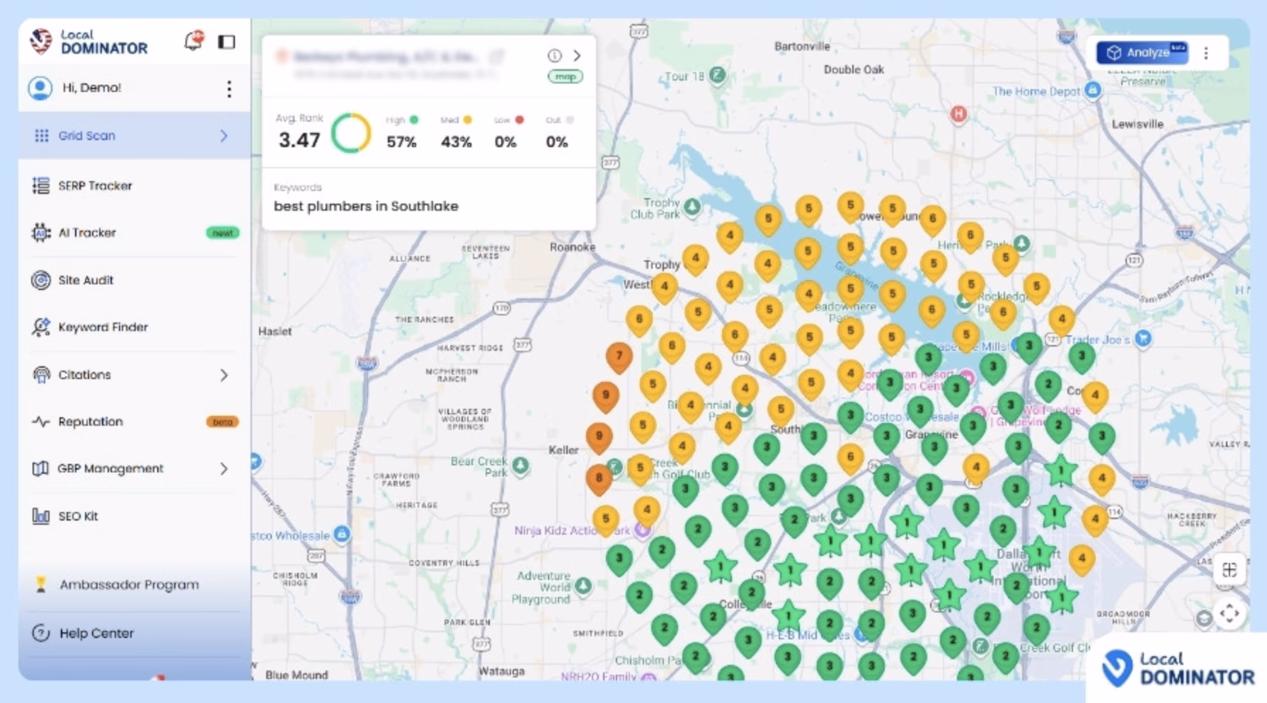 Local Dominator grid scan showing average rank, keyword visibility, and competitor pins on a map