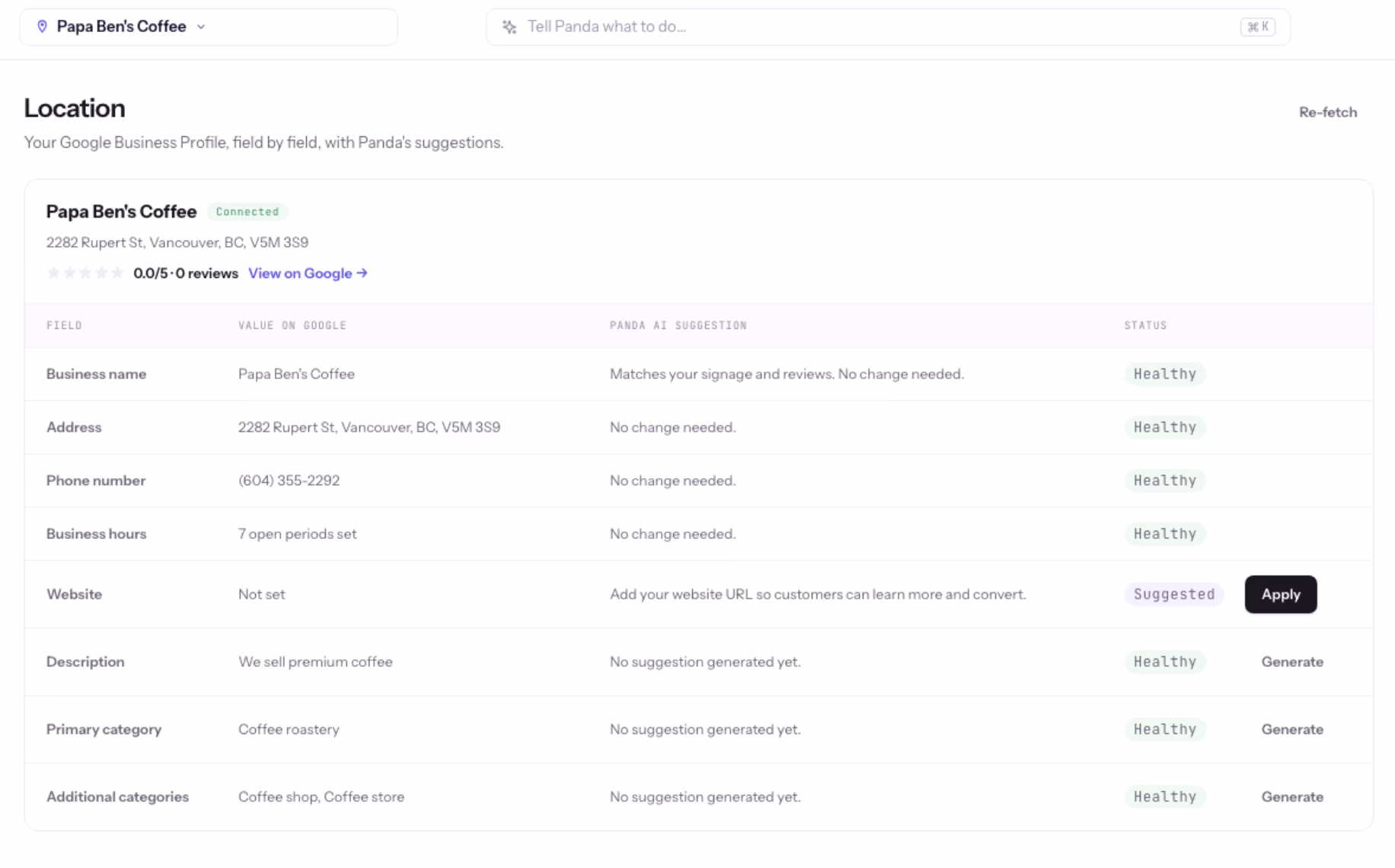 LocalPanda location field editor showing GBP fields, values on Google, and AI suggestions