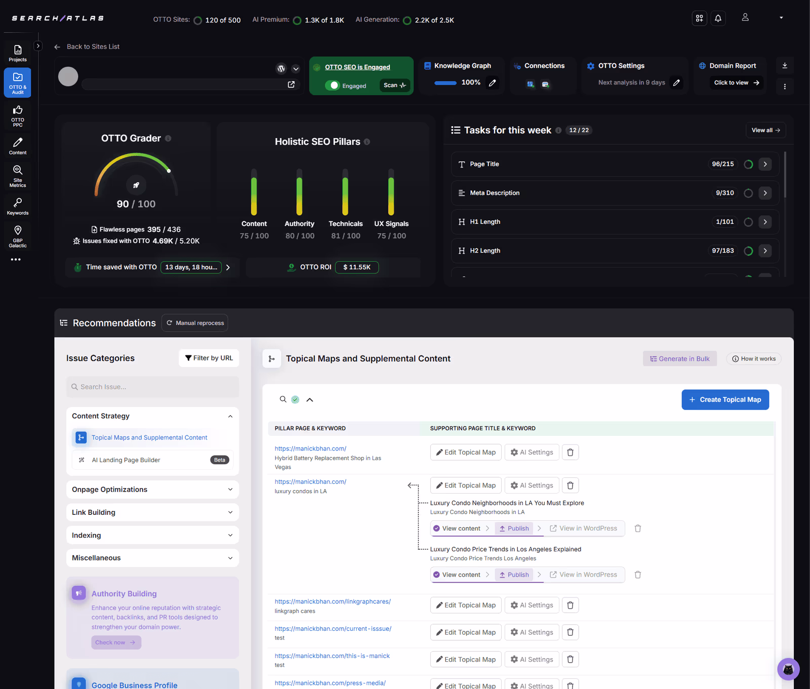 OTTO SEO dashboard in Search Atlas with the OTTO Grader, holistic SEO pillars, and weekly tasks