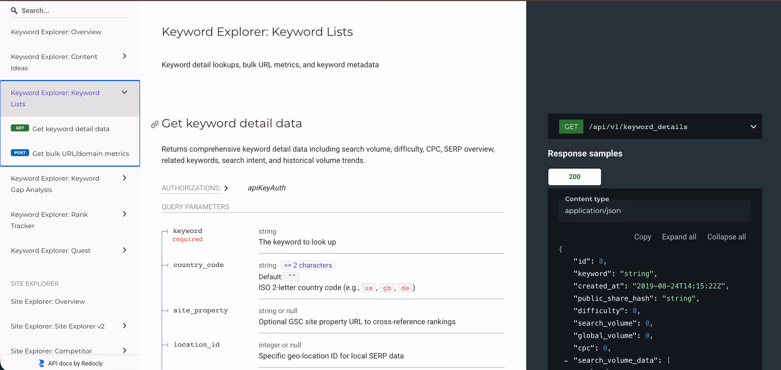 Search Atlas API documentation for Keyword Explorer: Keyword Lists, showing the get keyword detail data endpoint and its query parameters