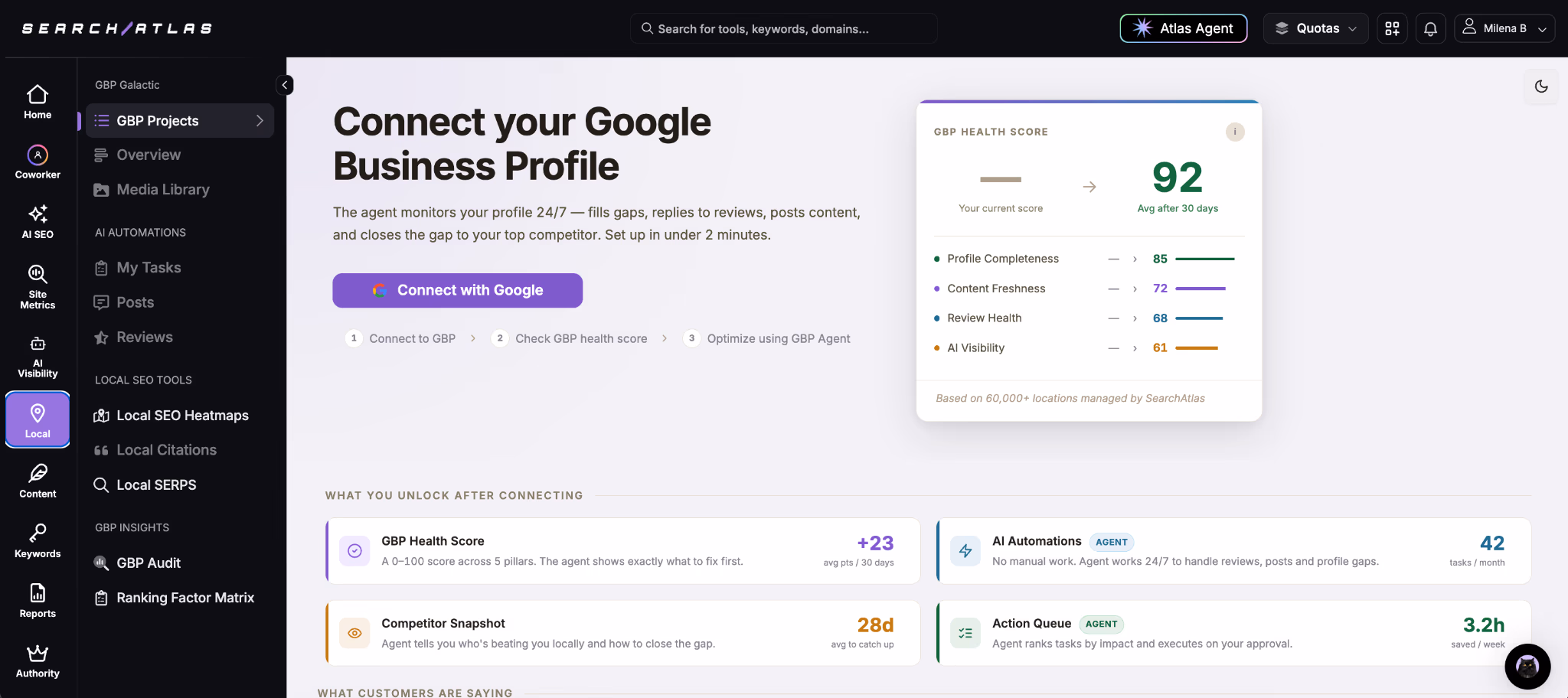 Search Atlas GBP Galactic dashboard showing GBP health score, competitor snapshot, and AI automations