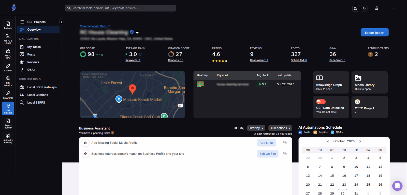 Search Atlas GBP Galactic dashboard showing GBP score, average rank, citation score, reviews, posts, and pending tasks for one location