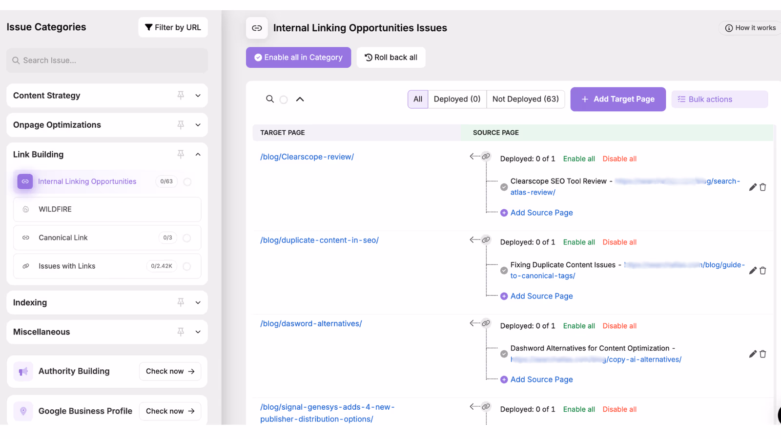 Search Atlas OTTO SEO Internal Linking Opportunities screen listing target pages, source pages, and deployment status with enable and disable controls