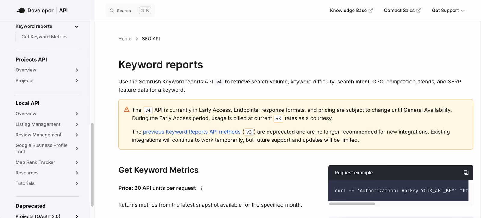 Semrush Keyword reports API documentation showing the v4 Get Keyword Metrics endpoint and an Early Access notice
