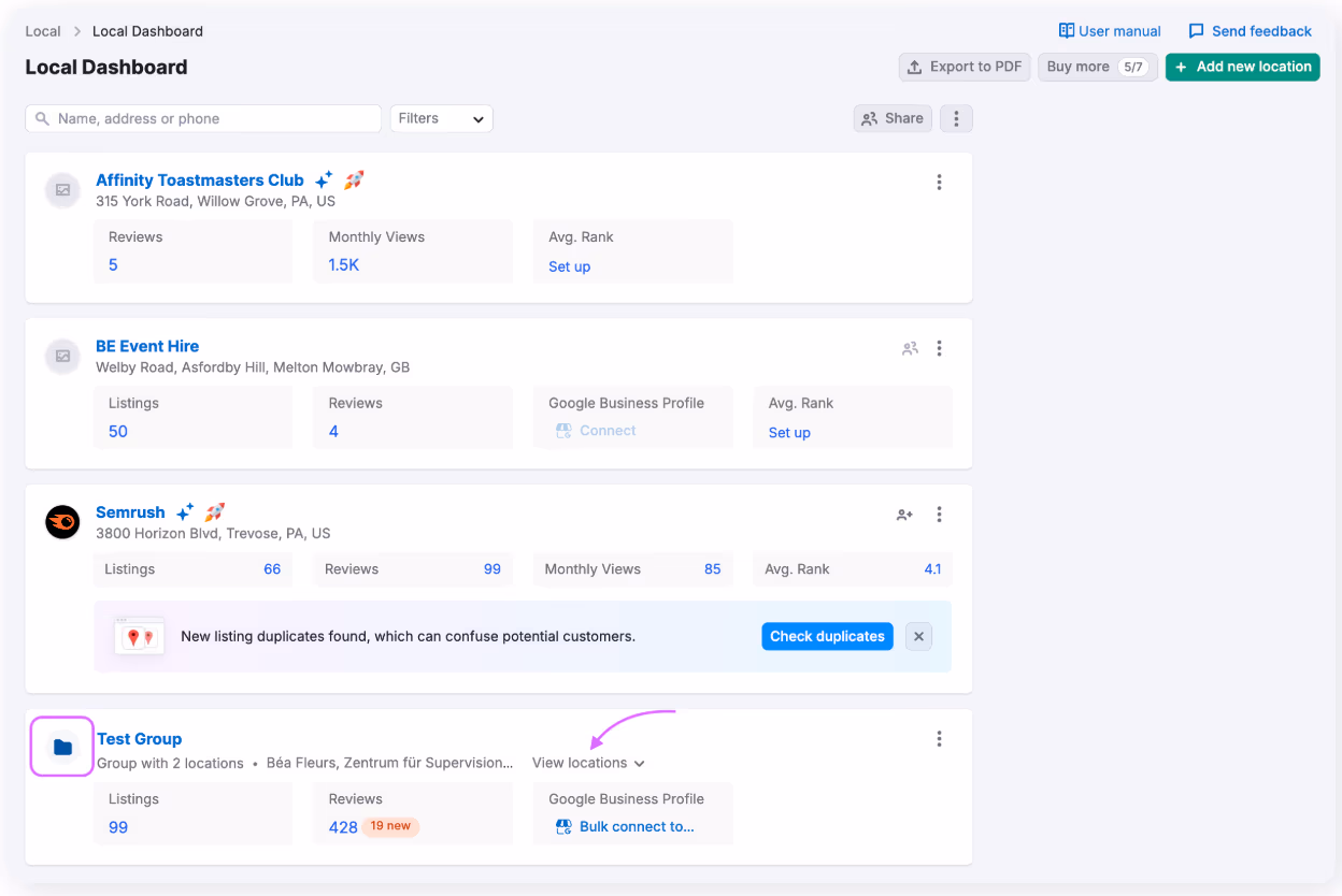 Semrush Local dashboard showing locations with reviews, listings, monthly views, and average rank