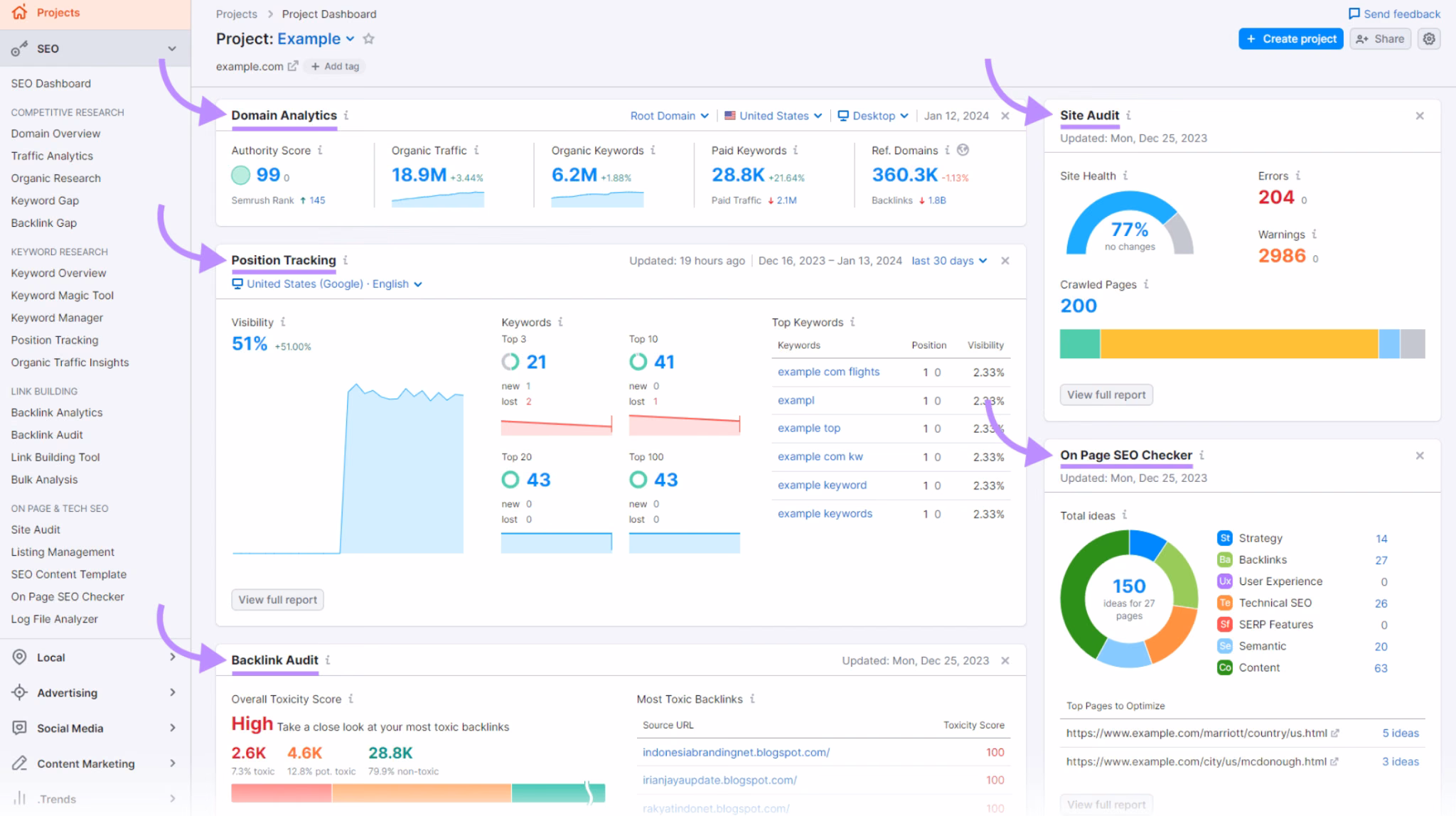 Semrush project dashboard showing domain analytics, position tracking, and backlink audit