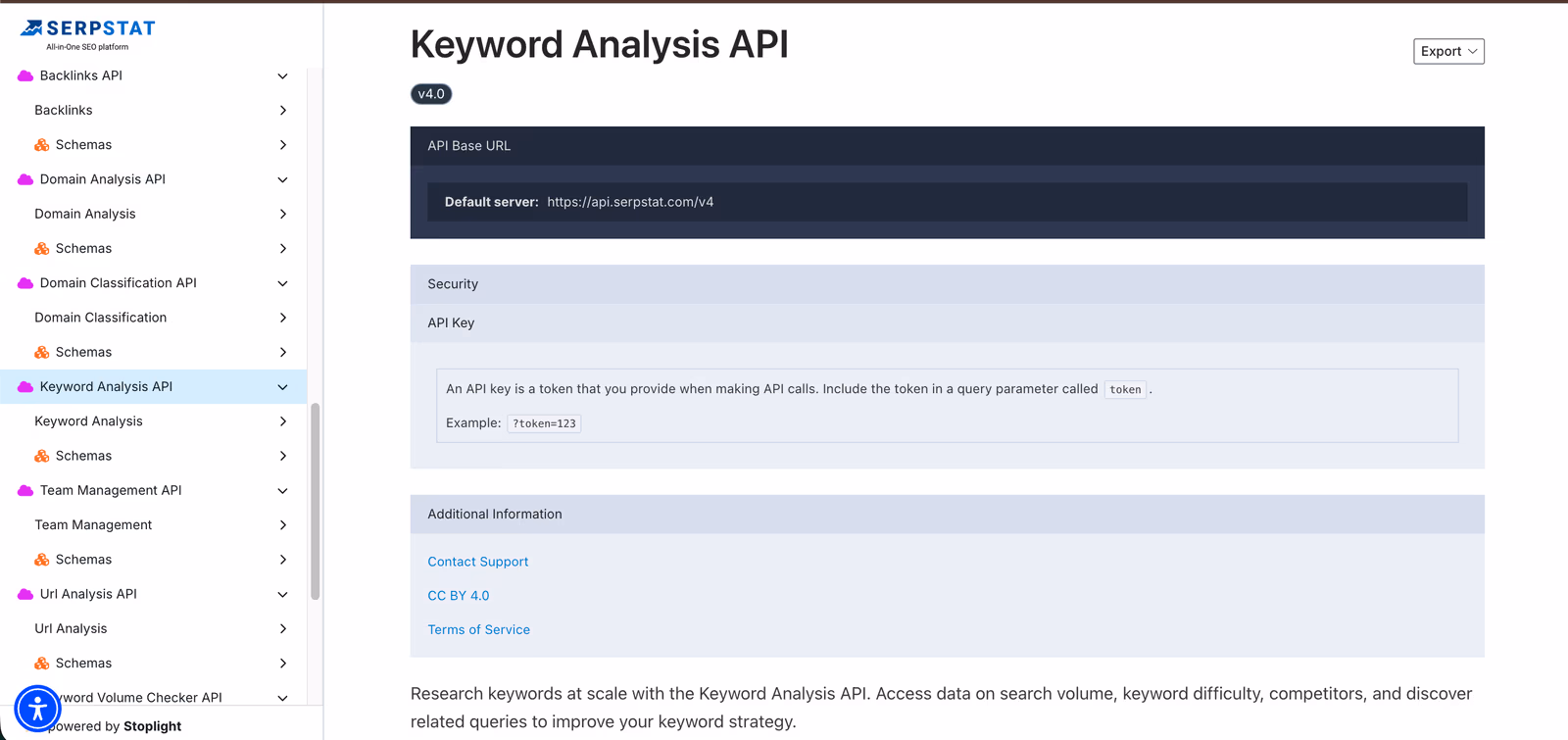 Serpstat Keyword Analysis API documentation showing the v4 base URL and API key authentication