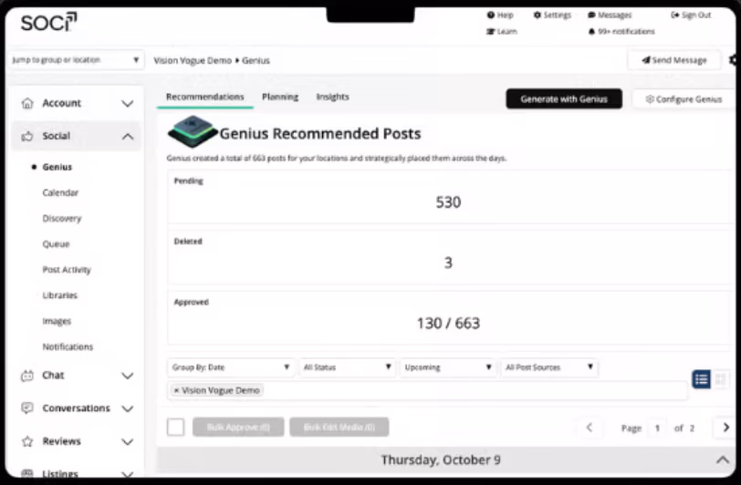 SOCi dashboard showing Genius Recommended Posts with pending, deleted, and approved counts