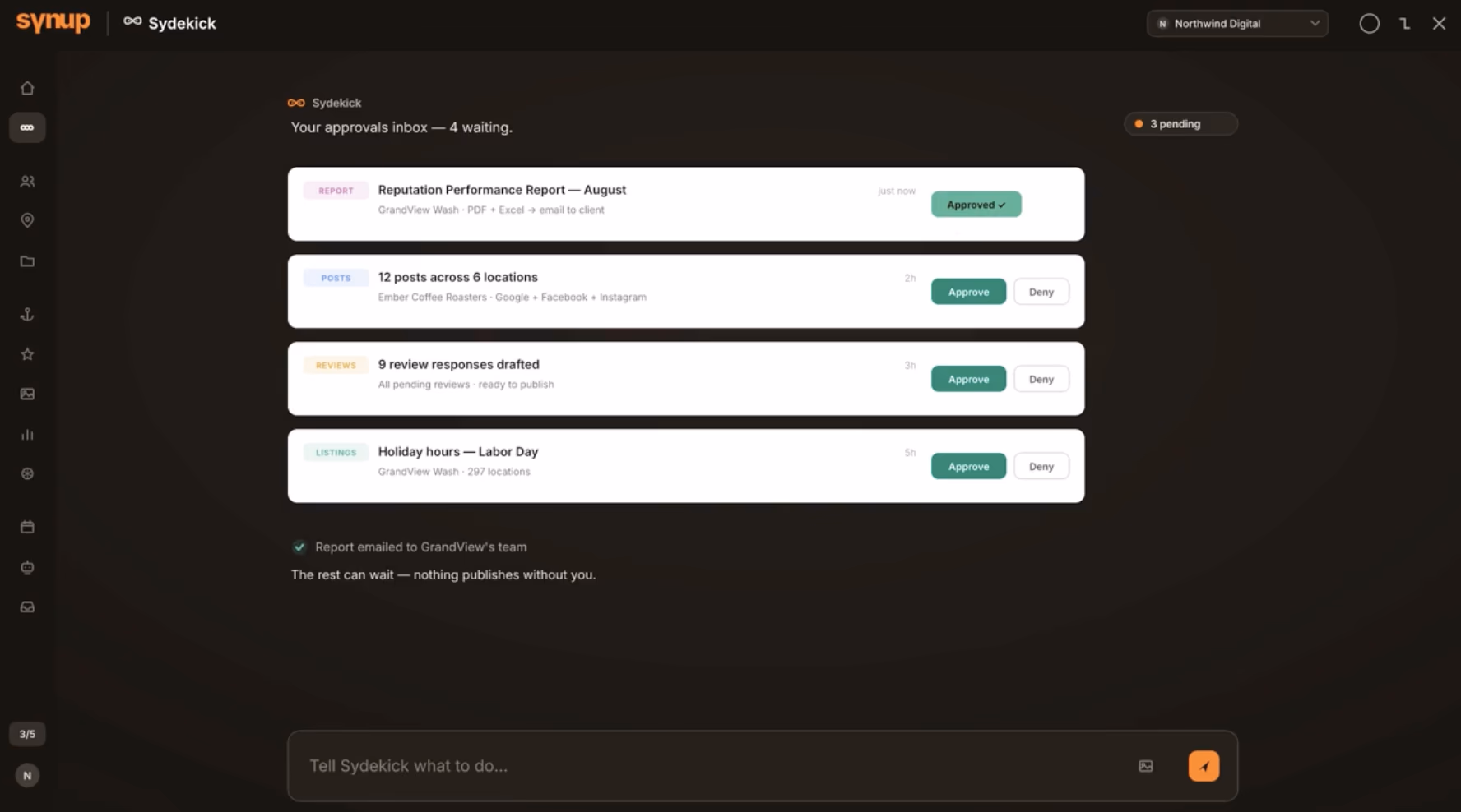 Synup Sydekick agent inbox showing pending approvals for reports, posts, reviews, and listings
