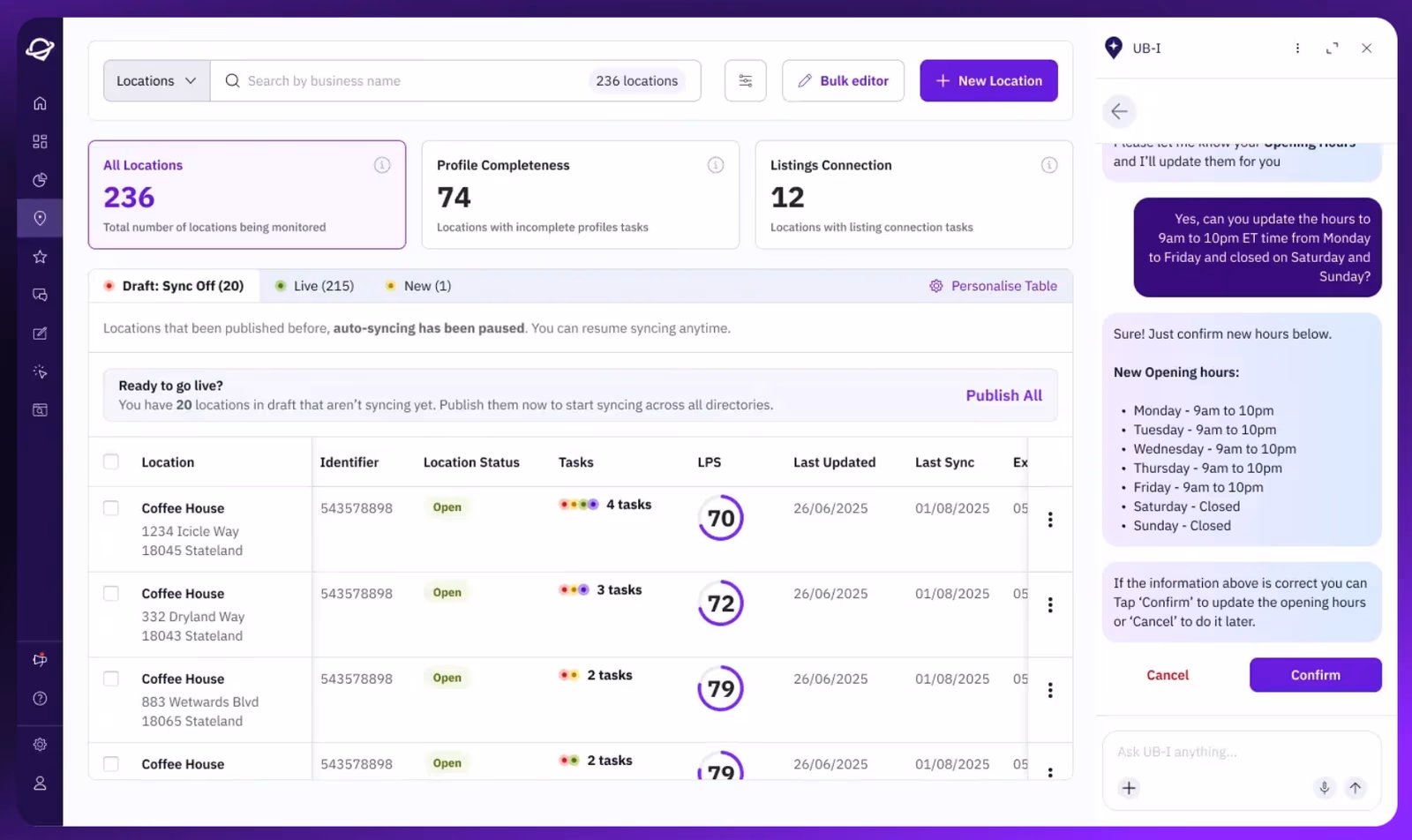 Uberall dashboard showing a locations table with profile completeness, listings connection, and Local Performance Score
