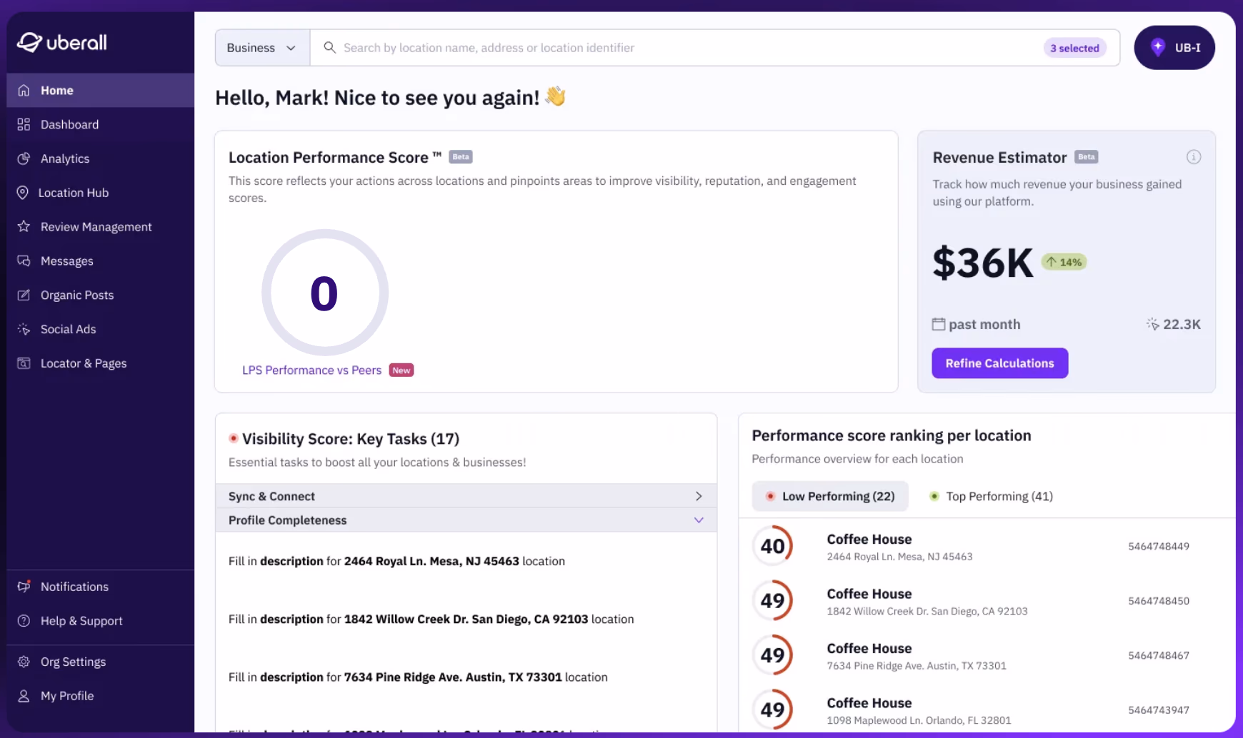 Uberall dashboard showing location performance score, revenue estimator, and performance ranking per location