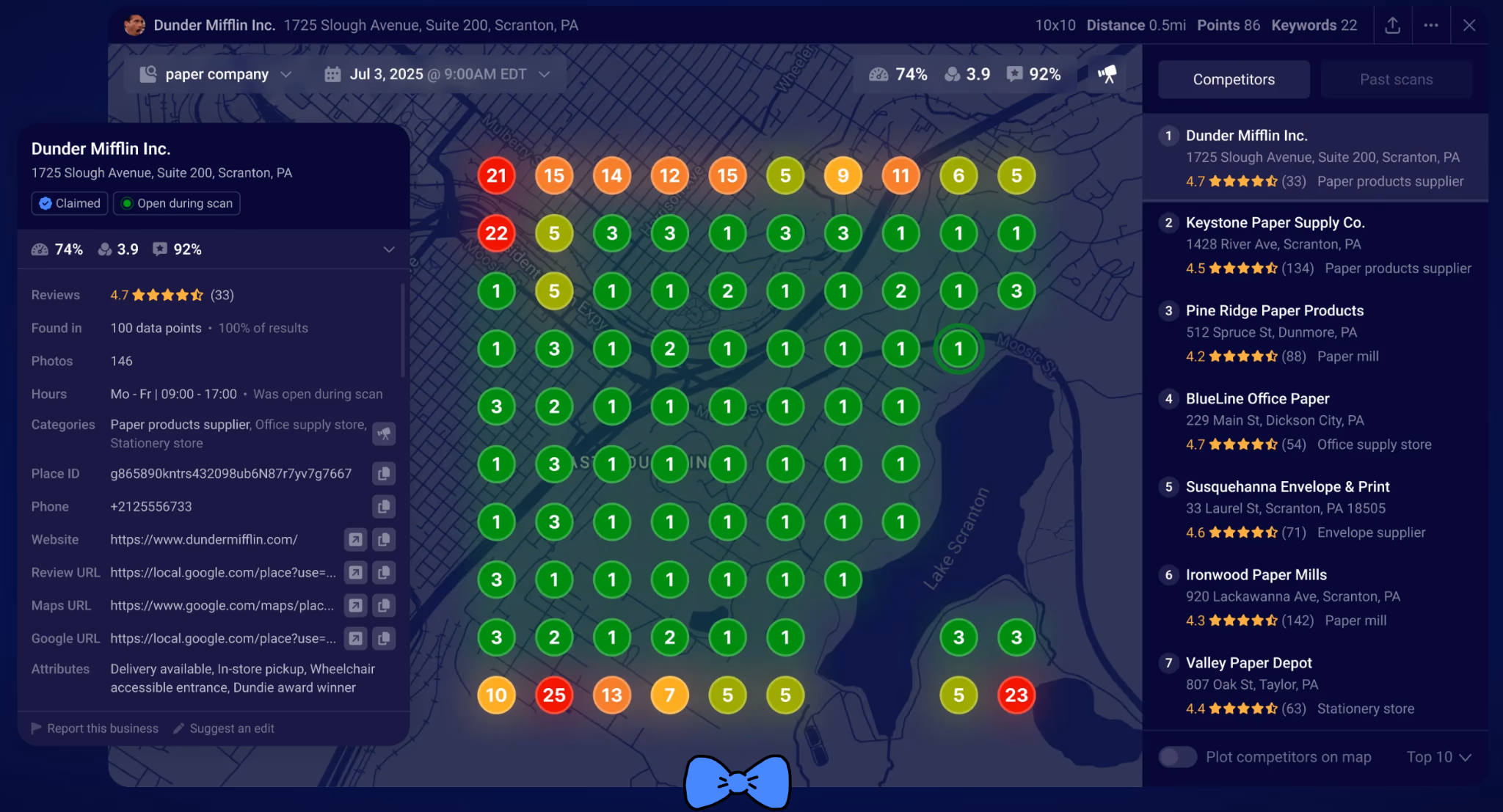 Whitespark local ranking grid showing competitor pins and rankings around a business location