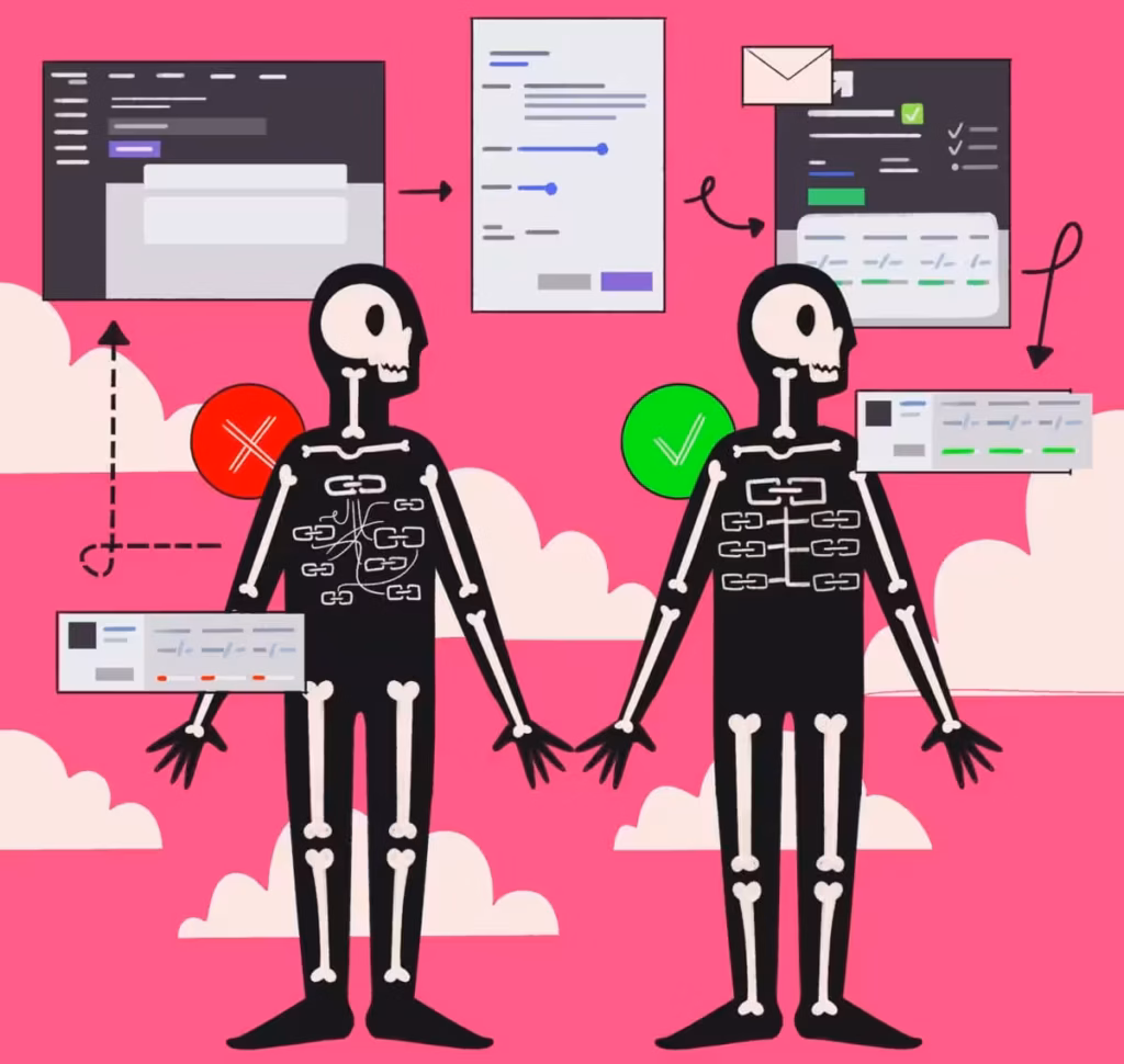 Two humanoid figures composed of puzzle pieces stand before a backdrop of computer interface elements, representing a concept of collaboration and problem-solving in a digital environment.
